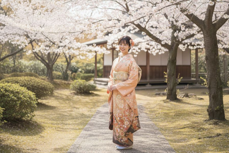 淡いオレンジ色の振袖